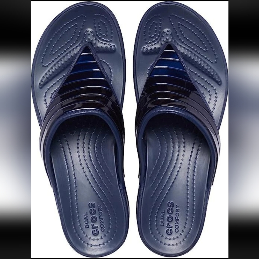 Crocs Monterey Metallic Wedge Thong Sandals Navy Size 8